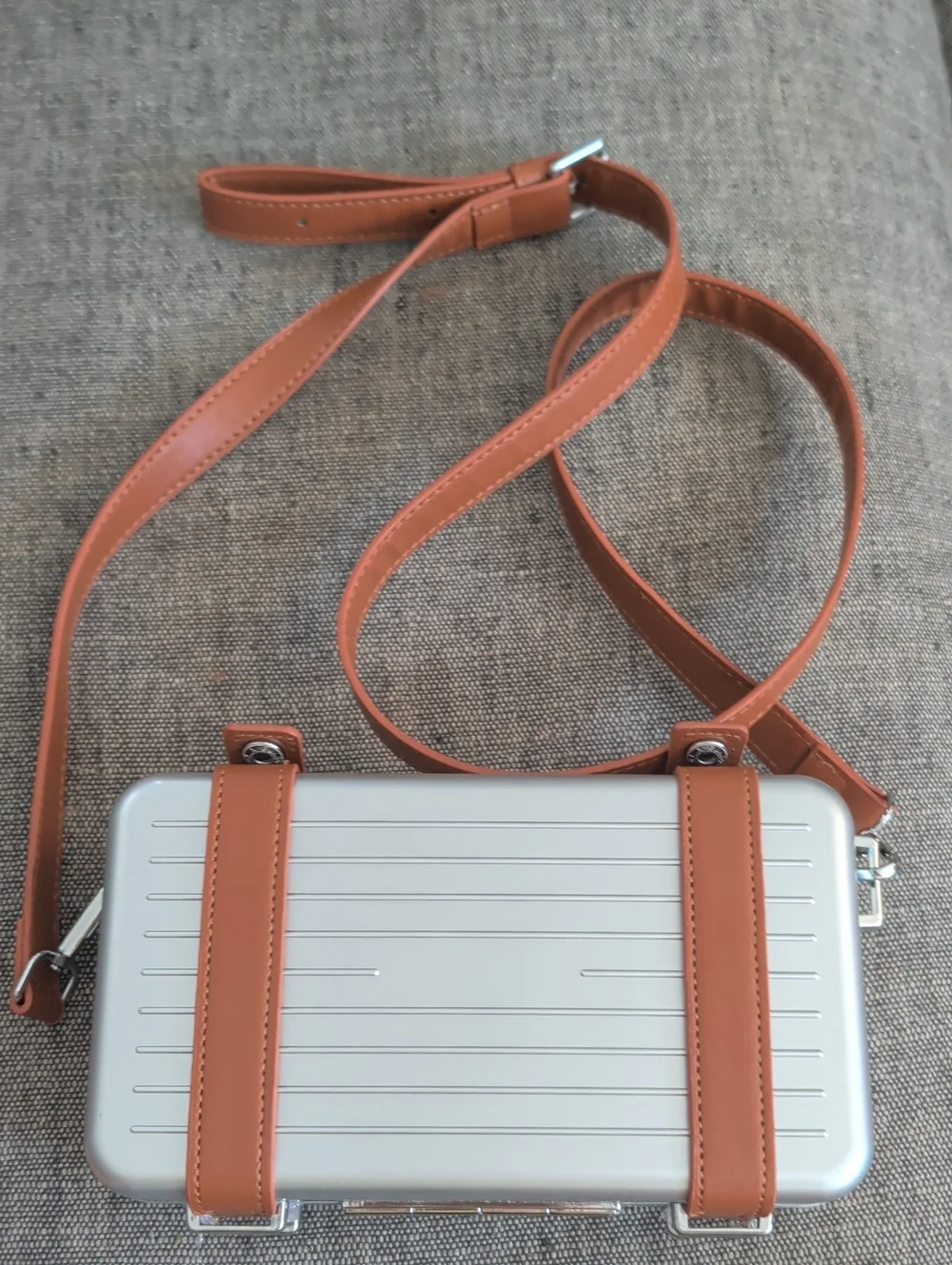 Silver Hard Case Crossbody with Tan Strap